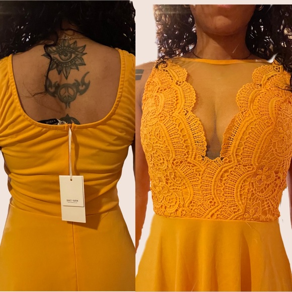 Yellow GRACE KARIN Women Sleeveless Lace Deep V-Neck A Line Flared Party Dress - Picture 4 of 4